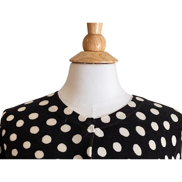 Black & White Polka Dot Cotton Blend Crew Neck Button Down Cardigan, S - Picture 2 of 11